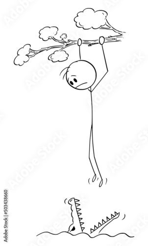 Person in Trouble Hanging on Tree Above Crocodile Water , Vector Cartoon Stick Figure Illustration