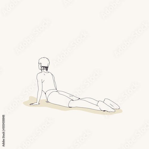 Young female workout. Sport girl doing stretching exercise. Casual sportwear - t-shirt, breeches and sneakers. Young woman wearing workout clothes. Sport fashion girl outline in urban casual style.