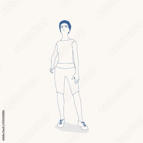 Standing woman. Sport girl illustration. Casual sportwear - t-shirt, breeches and sneakers. Young woman wearing workout clothes. Sport fashion girl outline in urban casual style.