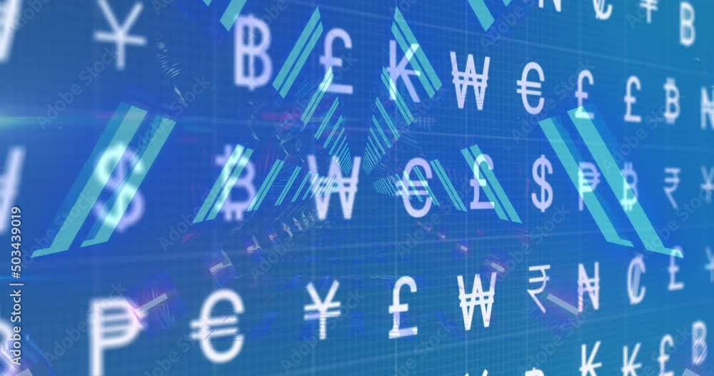 Animation of currency symbols over neon tunnel Animation of currency symbols over neon tunnel