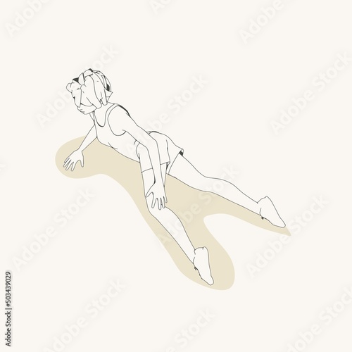 Lying woman. Sport girl illustration. Casual sportwear - t-shirt, breeches and sneakers. Young woman wearing workout clothes. Sport fashion girl outline in urban casual style.