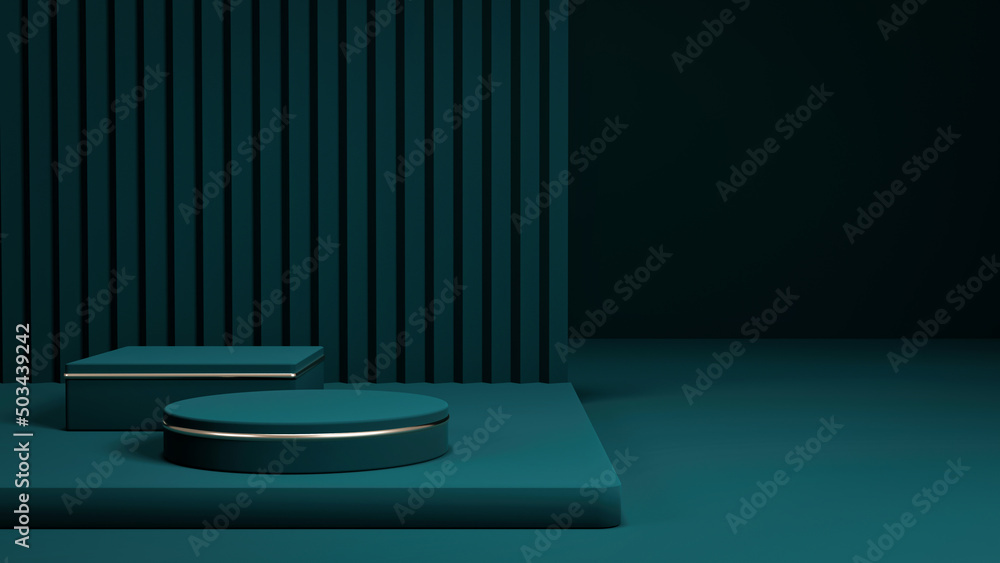3D rendering of green podium with golden light background. Beautiful green stage with dark green background. green stage with golden ring background. 3D rendering of green podium with golden light background. Beautiful green stage with dark green background. green stage with golden ring background.