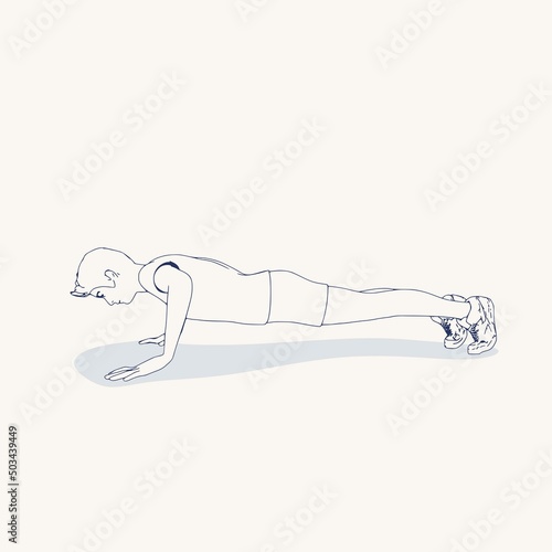 Young male workout. Sport man doing push up exercise. Casual sportwear - t-shirt, breeches and sneakers. Young man wearing workout clothes. Sport fashion boy outline in urban casual style.