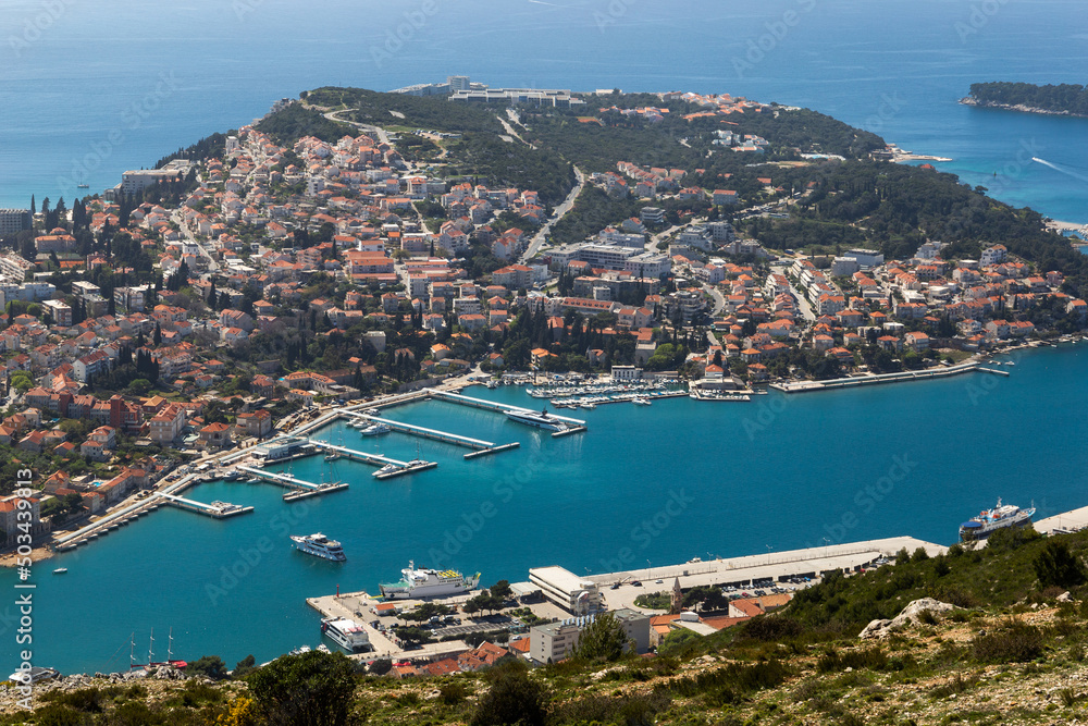 Aerial view of port of Dubrovnik with Cruise ship.