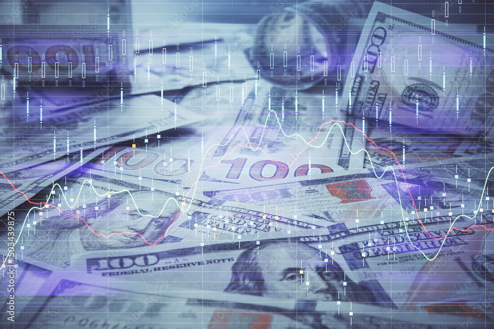 Multi exposure of forex chart drawing over us dollars bill background. Concept of financial success markets. Multi exposure of forex chart drawing over us dollars bill background. Concept of financial success markets.