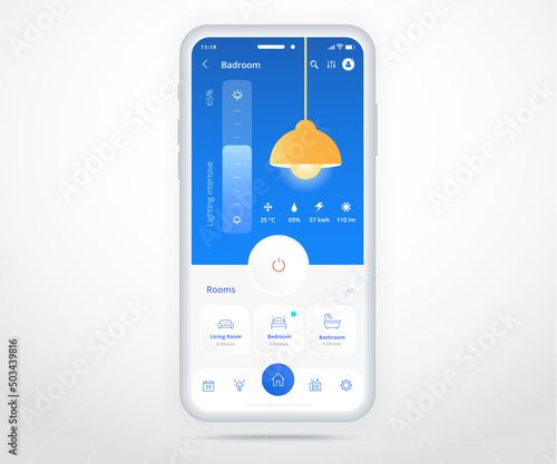 Smartphone smart home controlled app UX UI, IOT Internet of things technology, Digital future home automation tech, smart devices application phone, Wifi cctv lighting heating air, vector illustration