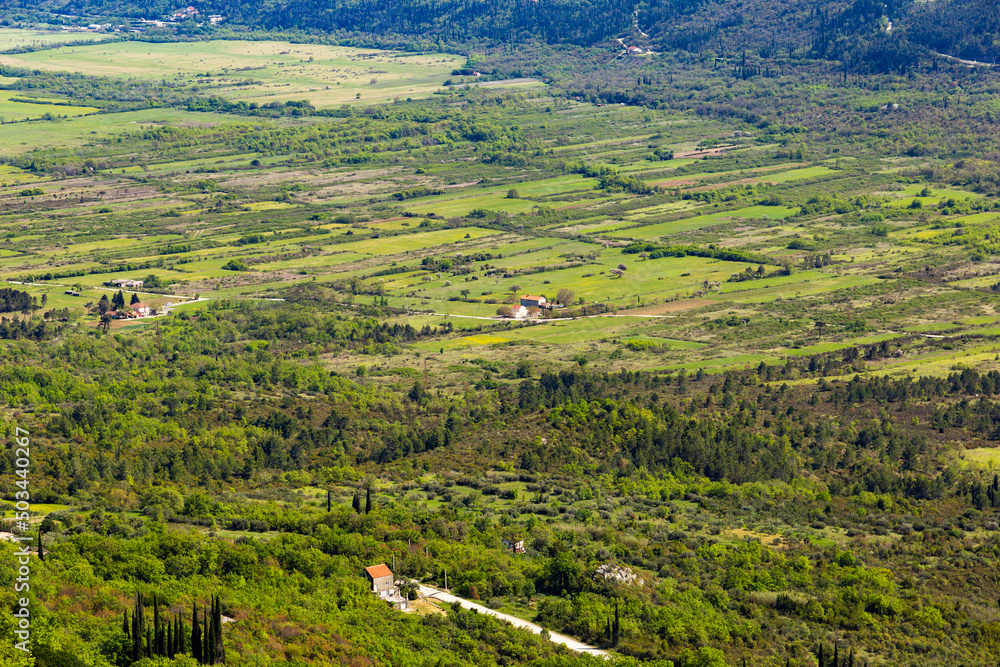 Fields and villages in Konavle region near Dubrovnik. Bird's-eye shot.