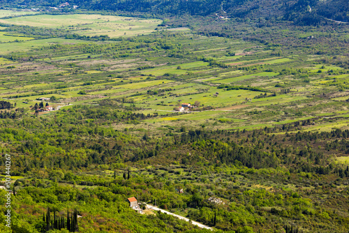 Fields and villages in Konavle region near Dubrovnik. Bird's-eye shot.