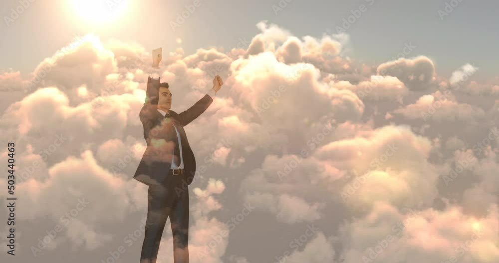 Animation of biracial businessman with arms outstretched over sky with clouds Animation of biracial businessman with arms outstretched over sky with clouds