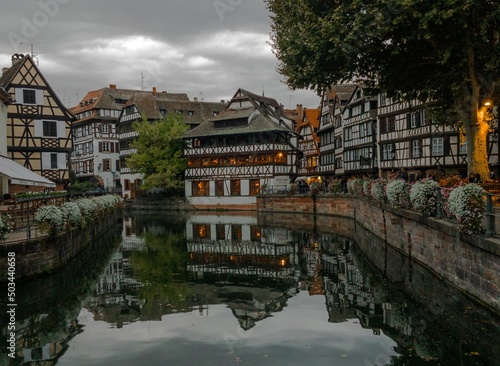 Maison Des Tanneurs in the Petite France with water reflection France, Grand Est, Strasbourg, Bas-rhin, Famous Half Timbered-house Petite France District with water reflection 