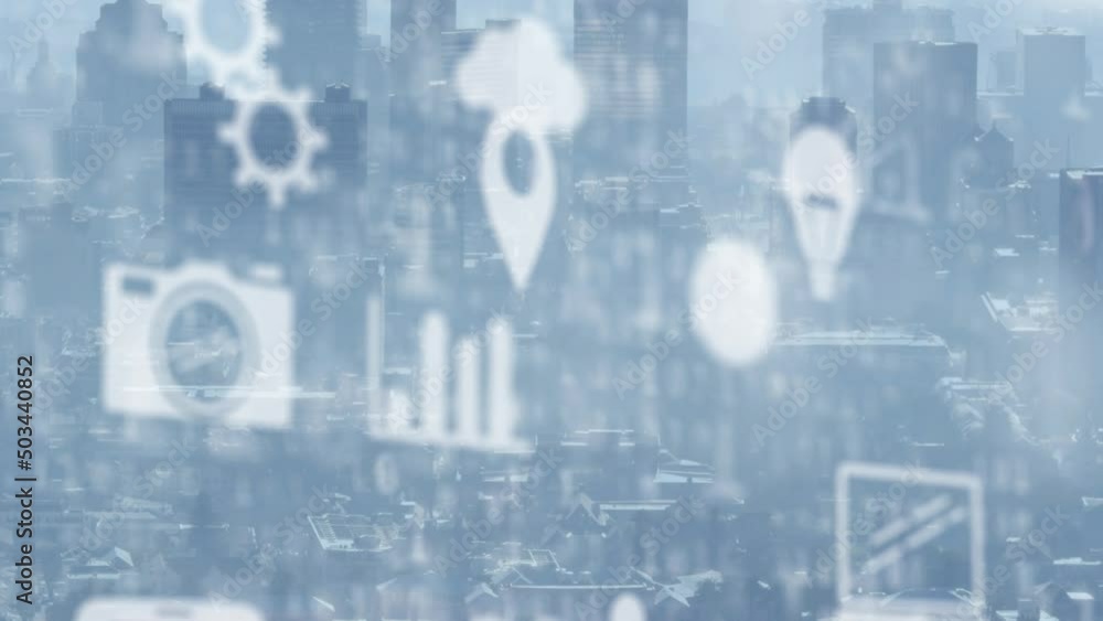 Animation of technology icons floating over cityscape Animation of technology icons floating over cityscape
