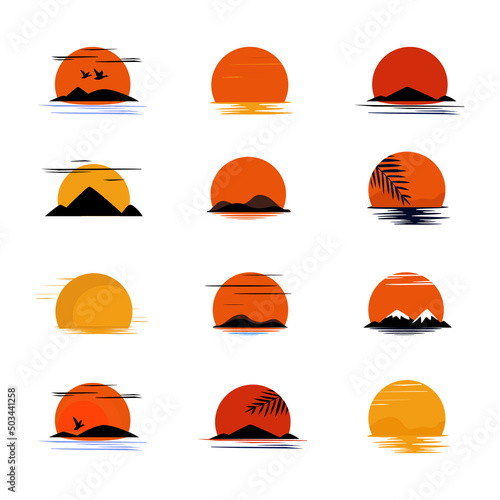 Sunset. Mountains, hills and water. Color silhouette. Set.