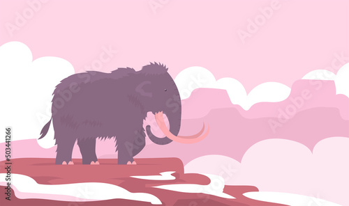 Ancient woolly mammoth. Extinct animal of the Ice Age. Tusks and trunk. Vector cartoon illustration on the background of rocks