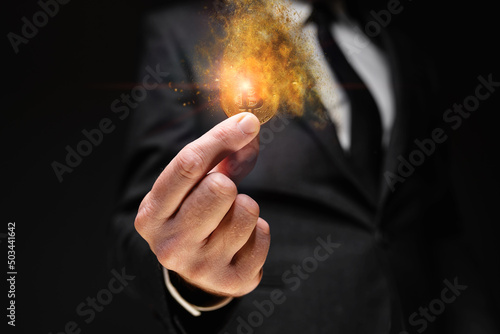 Bitcoin cryptocurrency value drop, investor holding crypto currency dissolving coin in hand