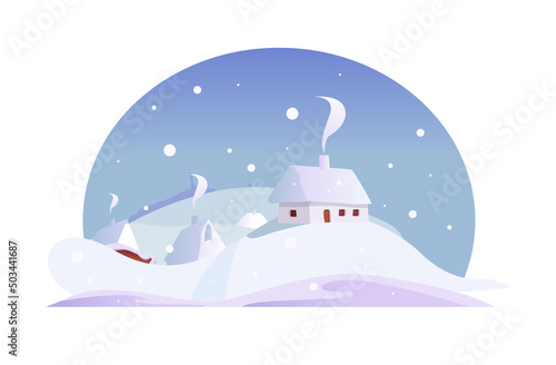 Winter Ukrainian village. Christmas Eve. Ukrainian traditional house. Landscape. Vector cute Illustration in cartoon style.