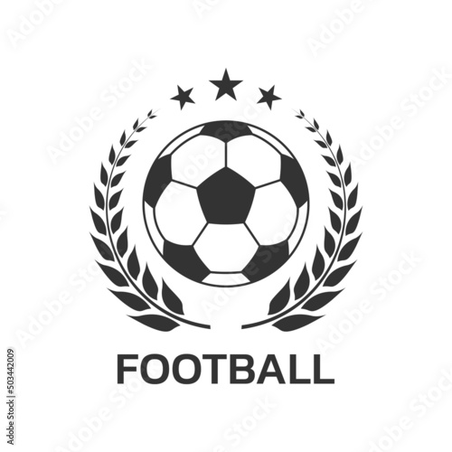 Football logo. Soccer club or team emblem, badge, icon design with a ball and laurel wreath. Sport tournament, league, championship label. Vector illustration.