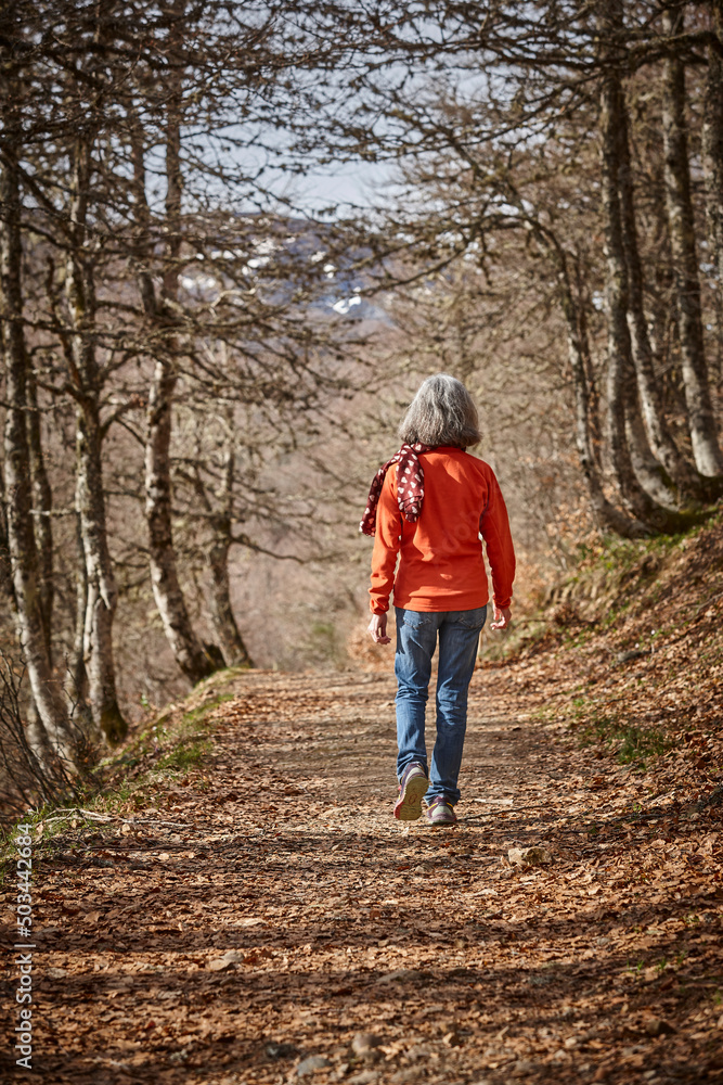 Woman walking in the woods. Healthy lifestyle. Natural environment Woman walking in the woods. Healthy lifestyle. Natural environment
