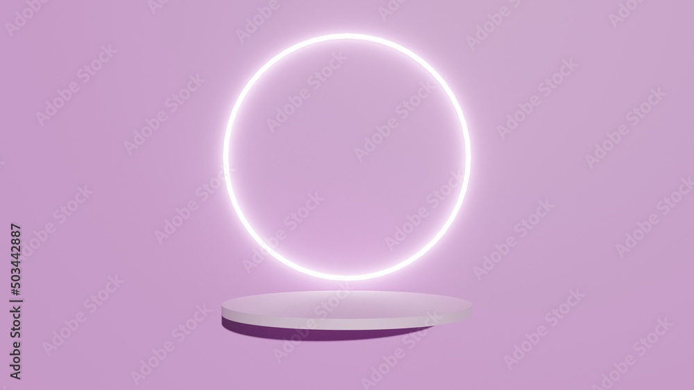 shelf or stand podium on pink wall scene with glow neon ring background.rendering geometric shape for cosmetic product display presentation.3d rendering shelf or stand podium on pink wall scene with glow neon ring background.rendering geometric shape for cosmetic product display presentation.3d rendering