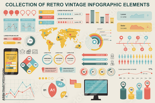 Bundle vintage infographic elements data visualization vector design template. Can be used for steps, business processes, workflow, diagram, flowchart, timeline, marketing icons, retro infographics.