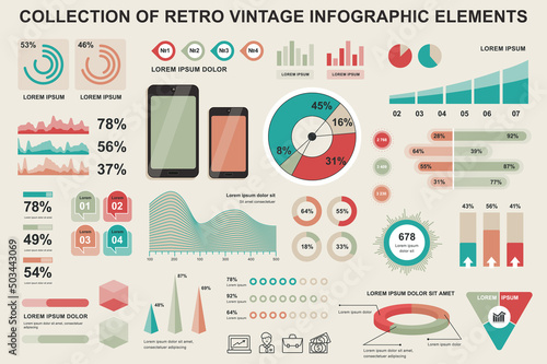 Bundle vintage infographic elements data visualization vector design template. Can be used for steps, business processes, workflow, diagram, flowchart, timeline, marketing icons, retro infographics.