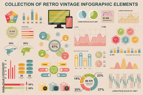 Bundle vintage infographic elements data visualization vector design template. Can be used for steps, business processes, workflow, diagram, flowchart, timeline, marketing icons, retro infographics.