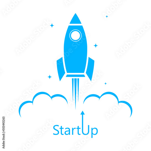 Rocket launch. Launch icon. Rocket launcher and smoke. The concept of a startup project. Vector. User interface icon.