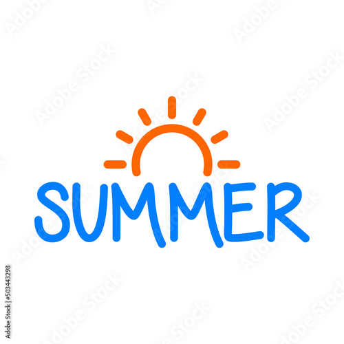 Logo con silueta de sol con texto manuscrito Summer como horizonte con líneas en color azul y naranja