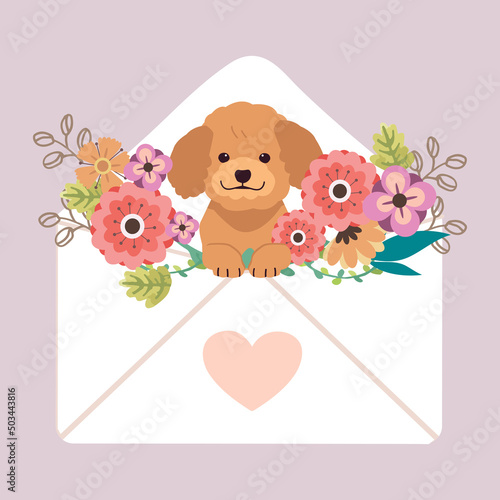 The character of cute poodle dog sitting in the letter with heart sticker and flower in flat vector. Illustration about love and valentin's day.