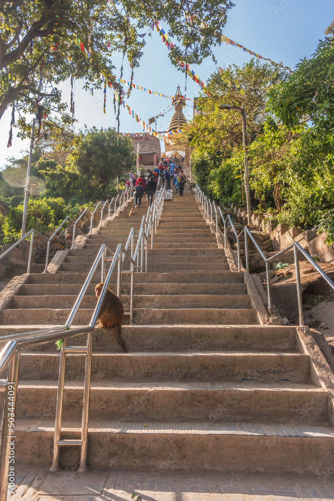 The Eastern Stairway leading to Swayambhunath Stupa, Kathmandu, Nepal The Eastern Stairway leading to Swayambhunath Stupa, Kathmandu, Nepal