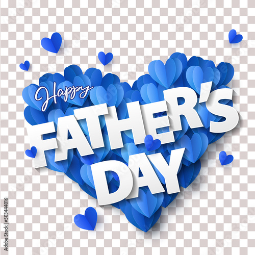 Happy Fathers Day greeting banner with big heart made of blue Origami Hearts isolated on transparent background. Father's Day Design template for card, sticker, poster, tag, label, social media photo