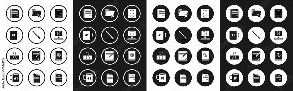 Set Drawer with documents, Pen line, Coffee cup, File, Computer keyboard and x mark, Delete folder, User manual and Binder clip icon. Vector Set Drawer with documents, Pen line, Coffee cup, File, Computer keyboard and x mark, Delete folder, User manual and Binder clip icon. Vector