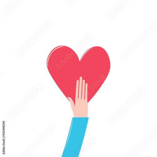 Love and compassion hand drawn vector illustration. Hand holding heart isolated on white background. Valentine day, romantic holiday symbol. Charity work, philanthropy, social aid design element