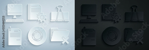 Set Scotch, Binder clip, File document and paper, Delete folder, Document settings with gears and Computer monitor keyboard icon. Vector