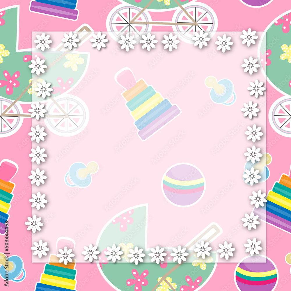 a boarder or greeting card for congratulations on the birth of a child or a birthday invitation, frame with baby pacifier, toys, stroller, ball a boarder or greeting card for congratulations on the birth of a child or a birthday invitation, frame with baby pacifier, toys, stroller, ball