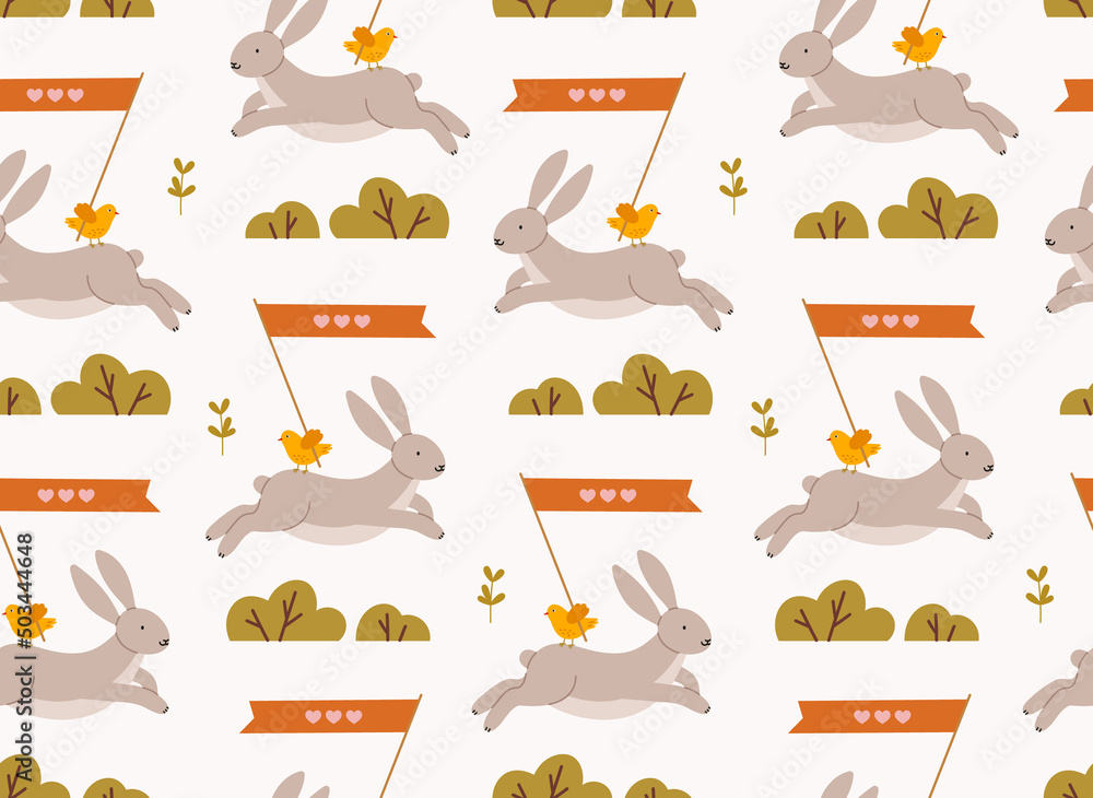 Seamless pattern of jumping rabbit through the bushes with chicken on top. Hand-drawn rabbit, isolated on beige background. Spring season concept, Easter, nature. Seamless pattern of jumping rabbit through the bushes with chicken on top. Hand-drawn rabbit, isolated on beige background. Spring season concept, Easter, nature.