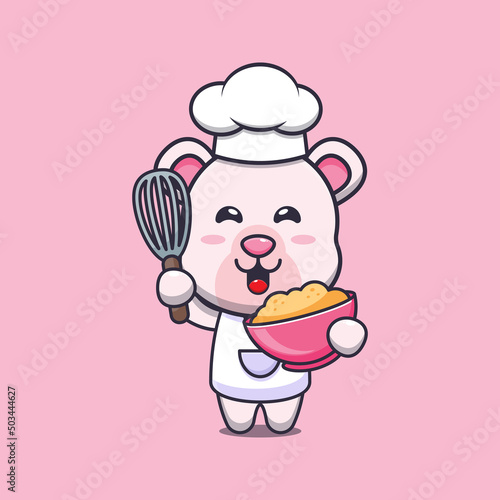 cute polar bear chef mascot cartoon character with cake dough