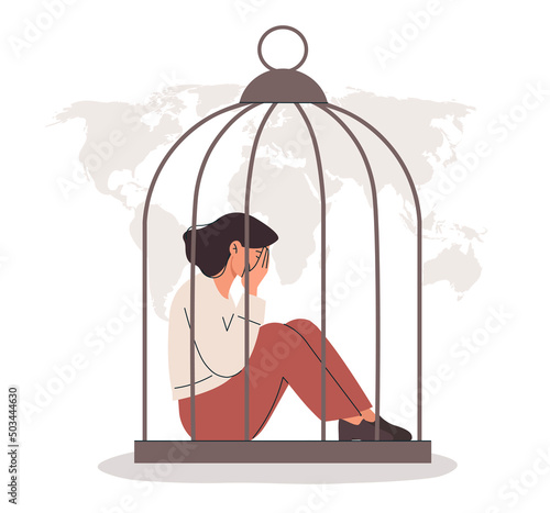 Trafficking in persons. Modern global problems and slavery. Kidnapping and crime, young girl crying in cage. Serious difficulties and problems. Dirty business. Cartoon flat vector illustration