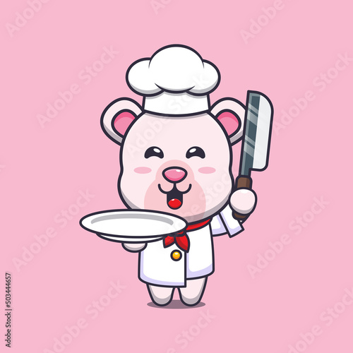 cute polar bear chef mascot cartoon character with knife and plate