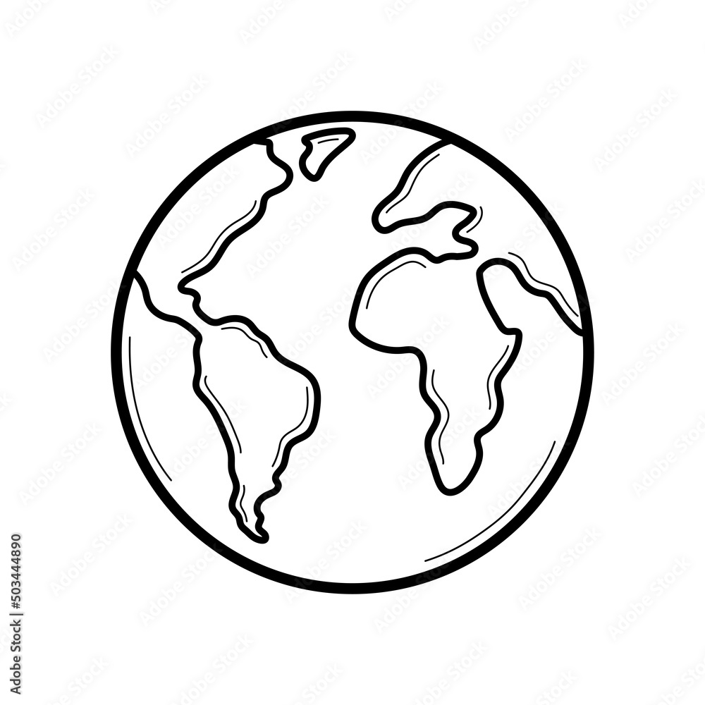 Earth planet. Doodle icon of globe. Hand drawn sketch style. Isolated vector illustration.
