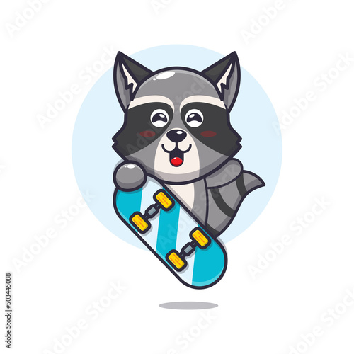cute raccoon mascot cartoon character with skateboard