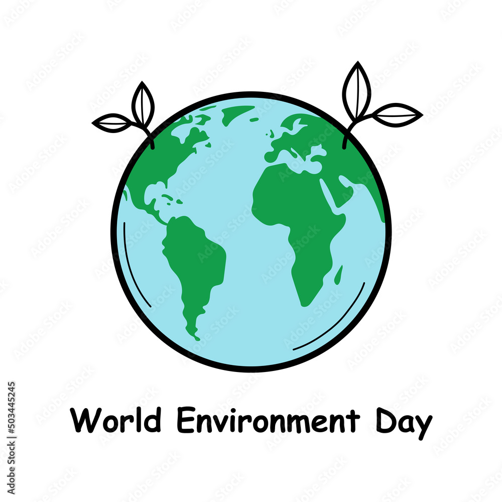 Greeting card with Earth planet with growing leaves. World Environment Day. Hand drawn doodle sketch style. Vector illustration.