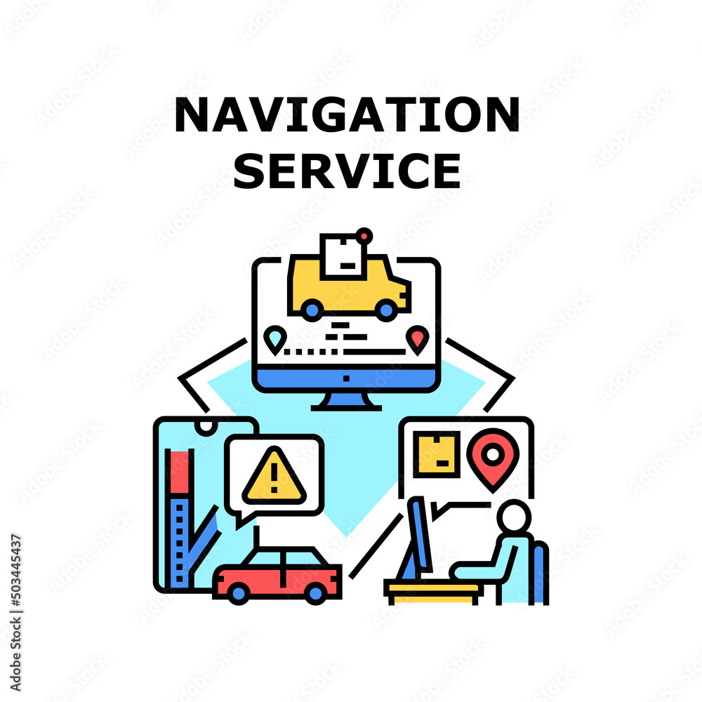 Navigation Service Vector Icon Concept. Navigation Service Technology For Searching Parcel Shipping And Delivery, Smartphone Application For Signalizing Of Traffic Jam On Road Color Illustration Navigation Service Vector Icon Concept. Navigation Service Technology For Searching Parcel Shipping And Delivery, Smartphone Application For Signalizing Of Traffic Jam On Road Color Illustration