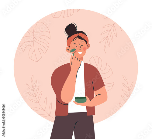 Woman using jade roller. Girl applies cosmetic product on face, skin care. Advertising poster or banner. Youth, beauty and health. Fight wrinkles and blackheads. Cartoon flat vector illustration