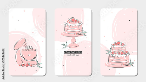 Set of design sample for pastry and bread shop. Cake shop logo. Planetary stationary dough mixer, cakes and berries. Vector illustration