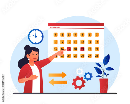 Appointment booking concept. Young girl indicates dates on website, preliminary agreement and appointment. Modern technologies, character points to calendar. Cartoon flat vector illustration