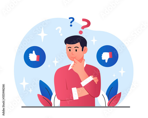Man makes choice. Young guy evaluates product or service. Employee looking for ways to overcome mental impasse. Thoughtful person with problems at personal life. Cartoon flat vector illustration
