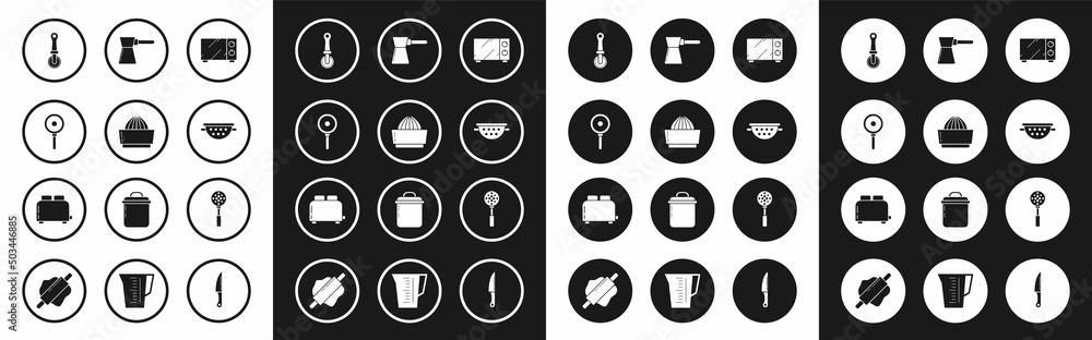 Set Microwave oven, Citrus fruit juicer, Frying pan, Pizza knife, Kitchen colander, Coffee turk, Spatula and Toaster with toasts icon. Vector