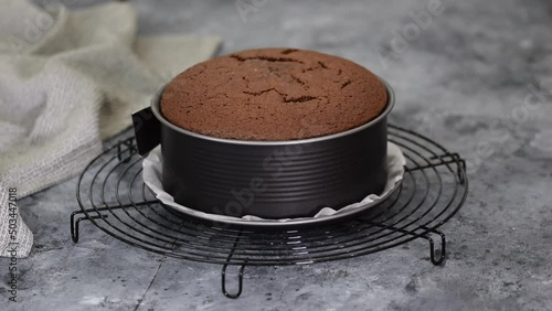 Freshly baked chocolate sponge cake in baking pan.