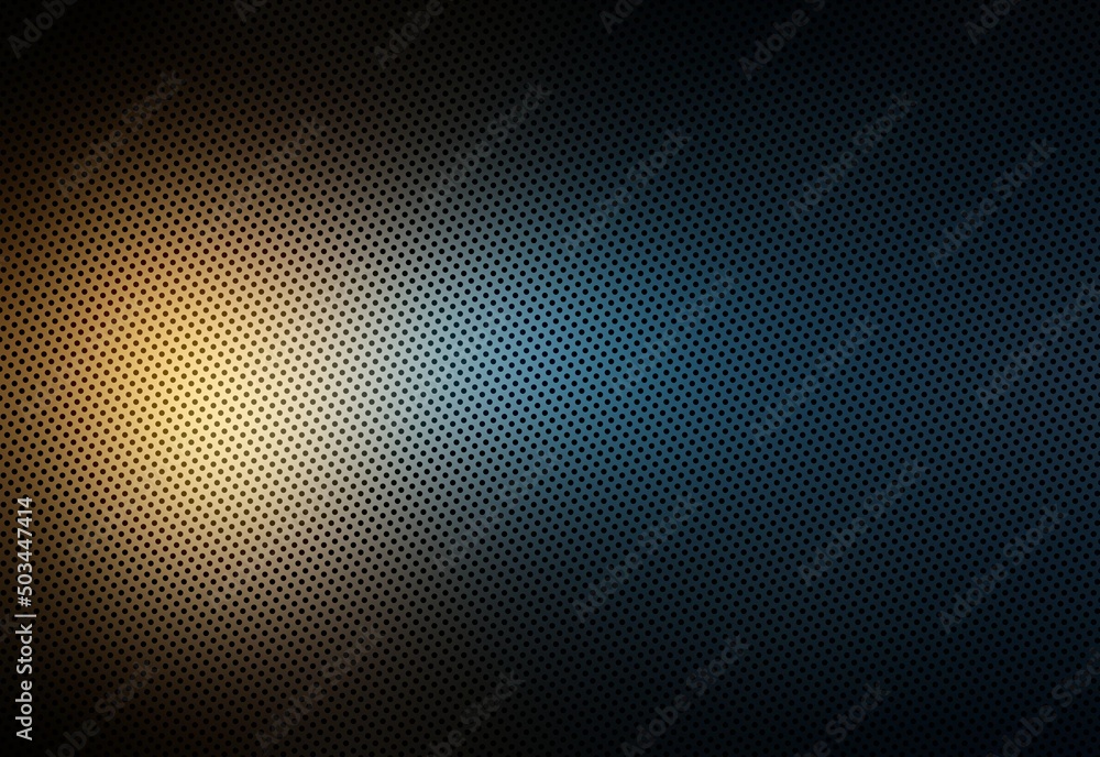 Small black dots cover dark blue empty background decorated low yellow flash light. Polished surface. Small black dots cover dark blue empty background decorated low yellow flash light. Polished surface.