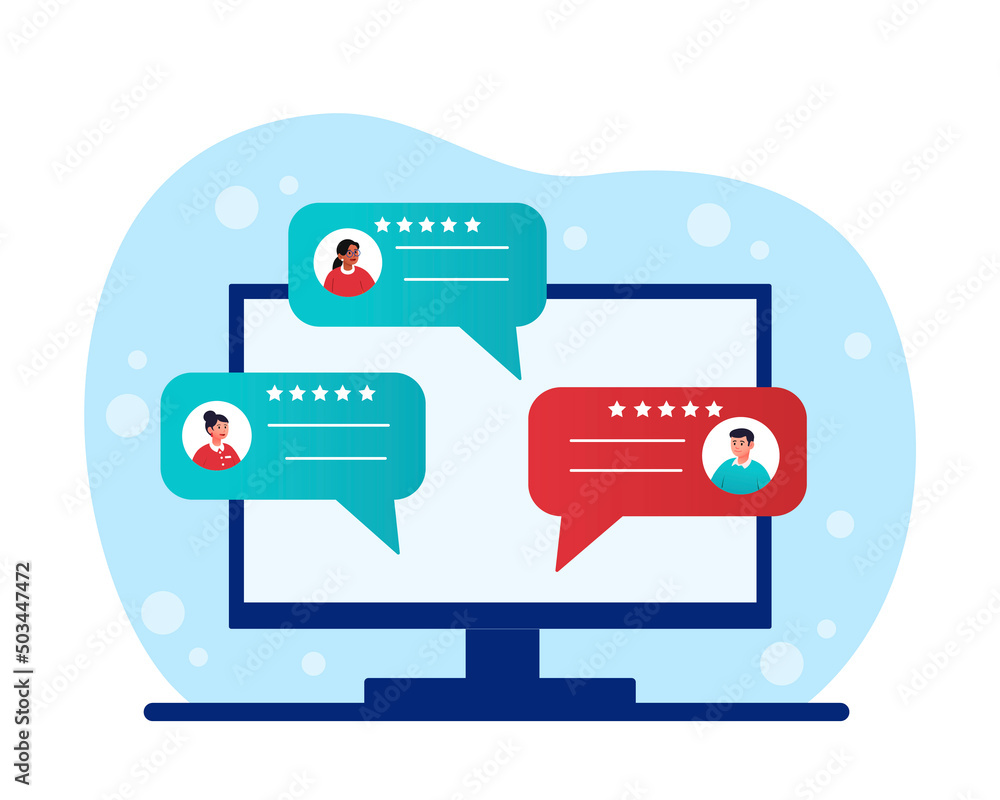 Customer reviews concept. User comments on monitor, feedback and modern methods of marketing on Internet. Evaluation of product or service, peoples opinions. Cartoon flat vector illustration Customer reviews concept. User comments on monitor, feedback and modern methods of marketing on Internet. Evaluation of product or service, peoples opinions. Cartoon flat vector illustration